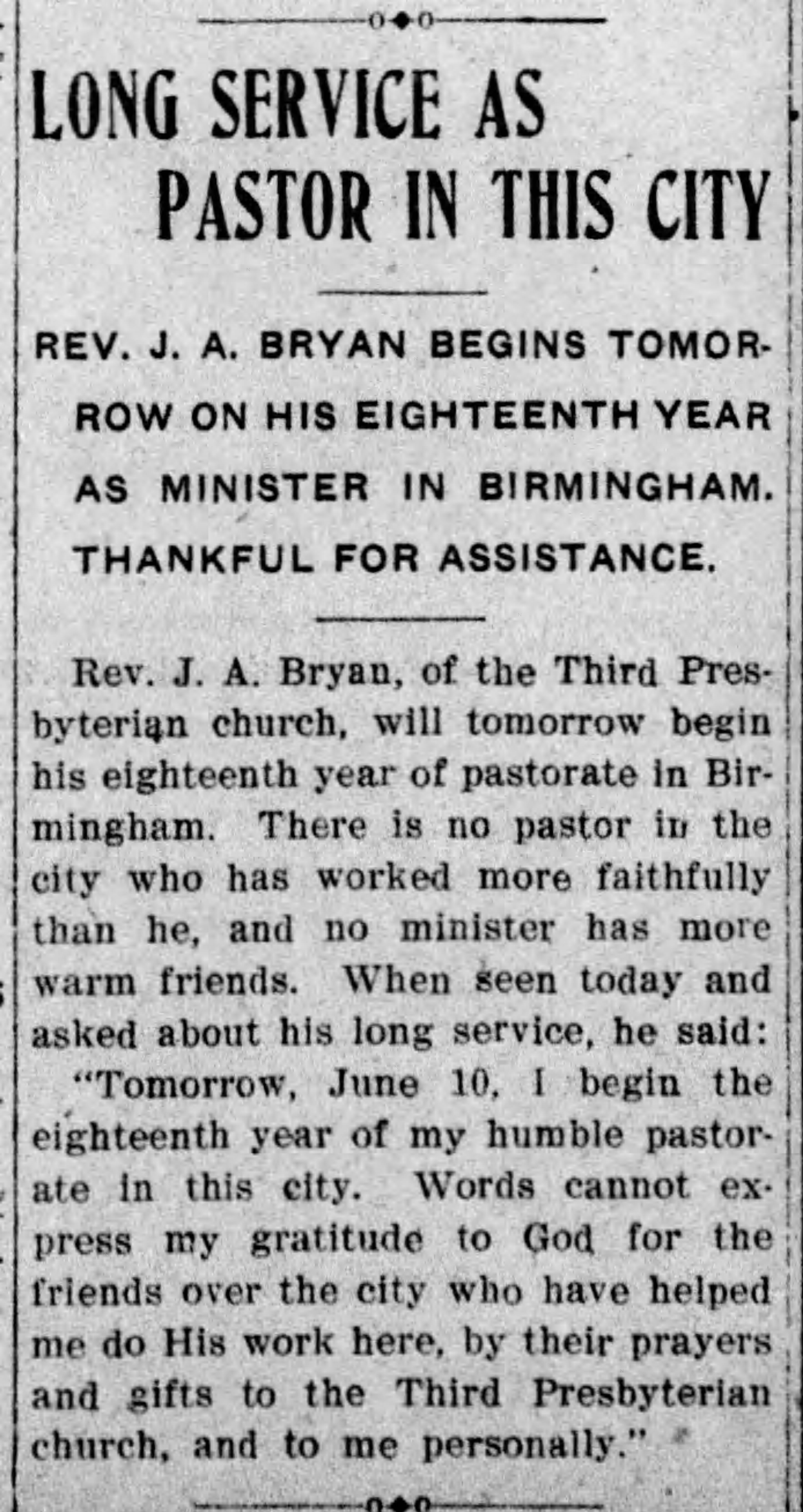 Long Service as Pastor in This City